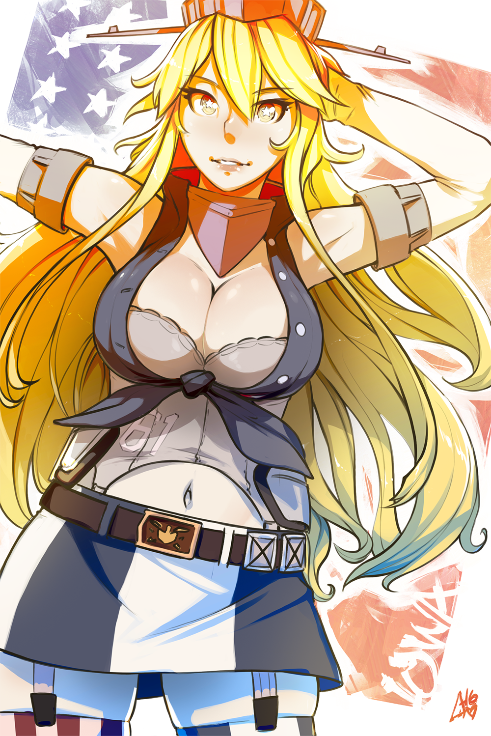 1girl american_flag blonde_hair breasts character_name cleavage cowboy_shot elbow_gloves erica_lahaie front-tie_top garter_straps gloves hand_behind_head hat highres iowa_(kantai_collection) kantai_collection large_breasts long_hair miniskirt mismatched_legwear navel signature skirt solo star star-shaped_pupils striped striped_legwear symbol-shaped_pupils thigh-highs yellow_eyes zettai_ryouiki zzz