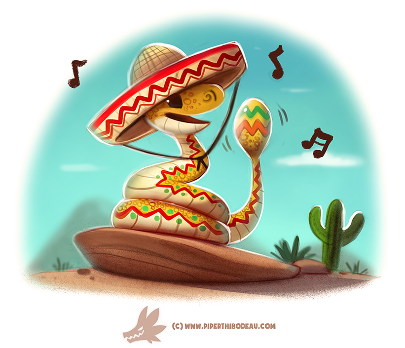 :d black_eyes black_ribbon blue_sky bush cactus creature cryptid_creations day desert full_body hat motion_lines musical_note no_humans open_mouth original outdoors plant profile rattle ribbon rock sky smile snake sombrero watermark web_address