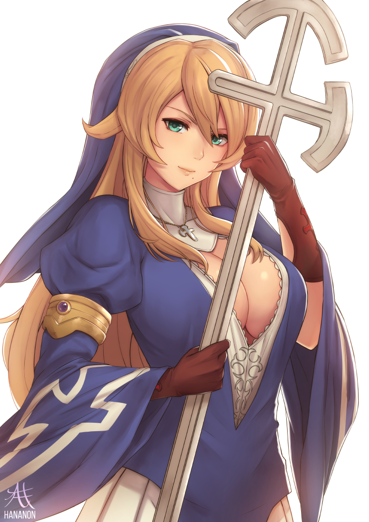 1girl amethyst armlet blonde_hair blue_dress breasts brown_gloves cleavage cleavage_cutout closed_mouth cowboy_shot dress elbow_gloves gem gloves green_eyes hair_between_eyes hananon head_tilt holding_staff large_breasts lips long_sleeves looking_at_viewer mole mole_under_eye pleated_skirt queen's_blade_rebellion sidelocks sigui_(queen's_blade) skirt smile solo staff veil white_skirt wide_sleeves