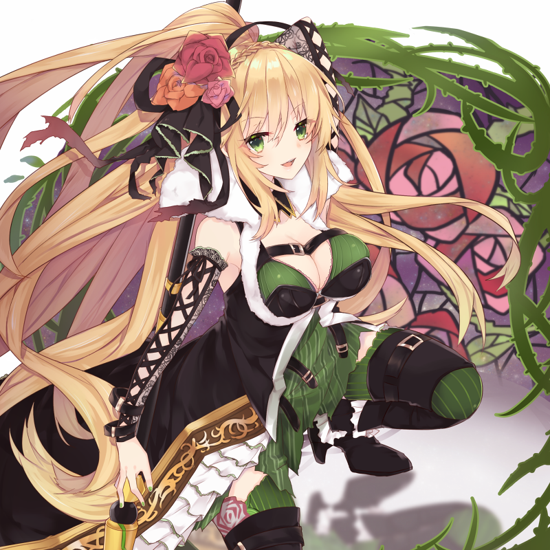 1girl :d bangs belt black_boots black_ribbon blonde_hair boots bracelet braid breasts buckle cross-laced_clothes detached_sleeves divine_gate eyebrows eyebrows_visible_through_hair fatima fatima_(divine_gate) floral_print flower from_above fur_trim green_nails hair_between_eyes hair_flower hair_ornament hair_ribbon high_heel_boots high_heels jewelry lace large_breasts long_hair looking_at_viewer nail_polish open_mouth orange_flower orange_rose pink_flower pink_rose ponytail red_eyes red_rose ribbon rose rose_print sakofu sidelocks smile solo squatting stained_glass thigh-highs thigh_strap thorns very_long_hair