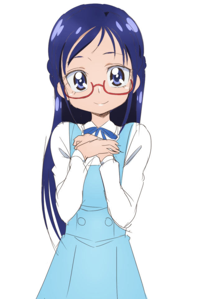 1girl blue_eyes blue_hair dokidoki!_precure female glasses hishikawa_rikka long_hair looking_at_viewer manji_(tenketsu) precure red-framed_glasses semi-rimless_glasses simple_background sketch smile solo under-rim_glasses white_background