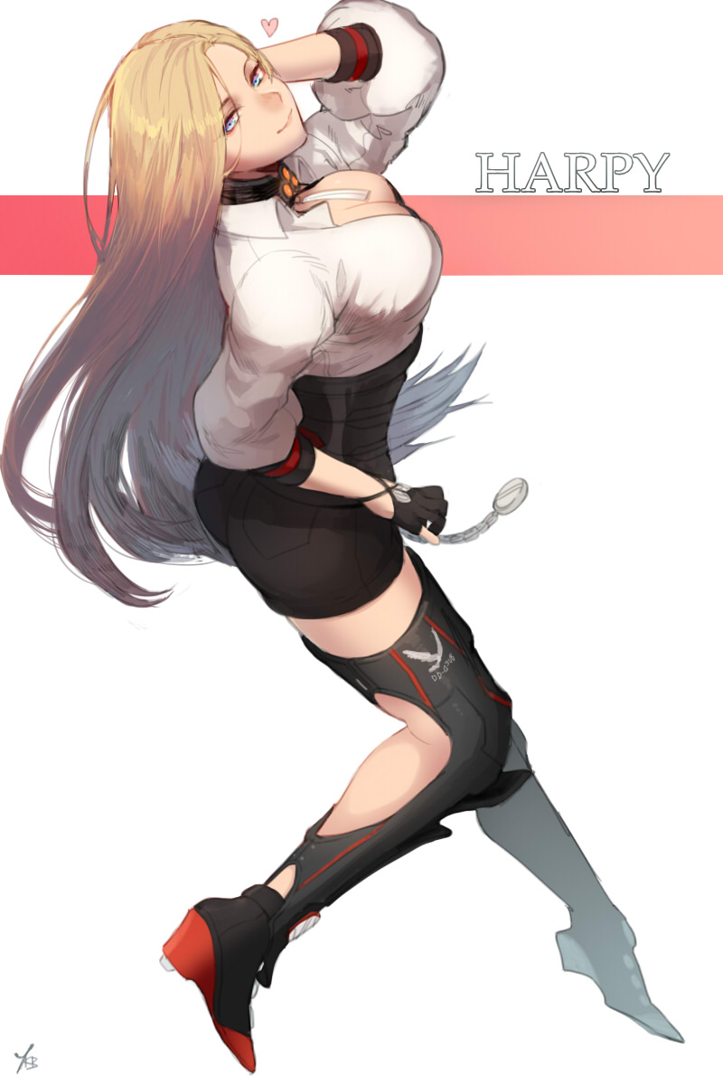 1girl black_gloves black_legwear black_shorts blonde_hair blue_eyes breasts character_name closed_mouth closers collared_shirt corset from_above from_side full_body gloves harpy_(closers) heart long_hair looking_at_viewer shirt shoes shorts sleeves_past_elbows smile solo thigh-highs very_long_hair white_background yukibi_(ykb)