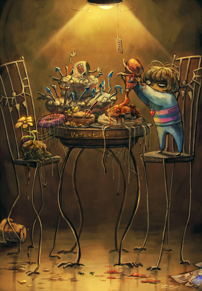 androgynous arms_up cake chair copyright_name flower fly food fork frisk_(undertale) heart heart_necklace insect jewelry koto_inari locket long_sleeves meatball pasta pendant shaded_face spaghetti spaghetti_and_meatballs spikes standing_on_chair standing_on_object striped striped_sweater sweater table undertale