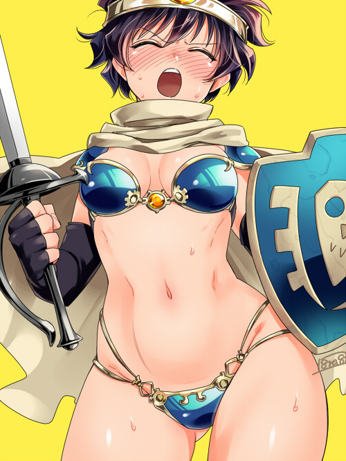 1girl ^_^ armor ass_visible_through_thighs bangs bikini_armor black_gloves blush breasts cape closed_eyes cosplay cosplay_request cowboy_shot female fingerless_gloves gem genderswap gloves harayan holding holding_shield holding_sword holding_weapon jewelry kekkai_sensen leonardo_watch midriff mtf multi-strapped_bikini navel open_mouth pauldrons short_hair simple_background solo stomach sweat sword twitter_username weapon yellow_background