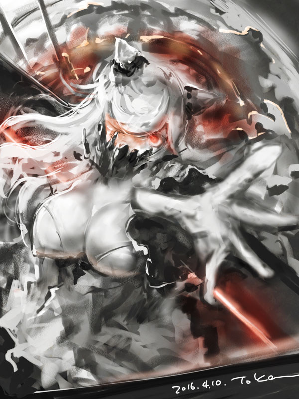 1girl 2016 artist_name breasts cleavage dated dress glowing glowing_eyes kantai_collection large_breasts long_hair midway_hime outstretched_arms red_eyes toka_(marchlizard) white_dress white_hair