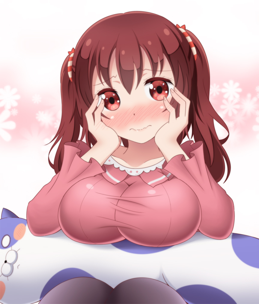 1girl blush breasts brown_eyes brown_hair dakimakura_(object) ebina_nana himouto!_umaru-chan large_breasts long_hair oppai_loli osaji0909 pillow solo twintails wavy_mouth