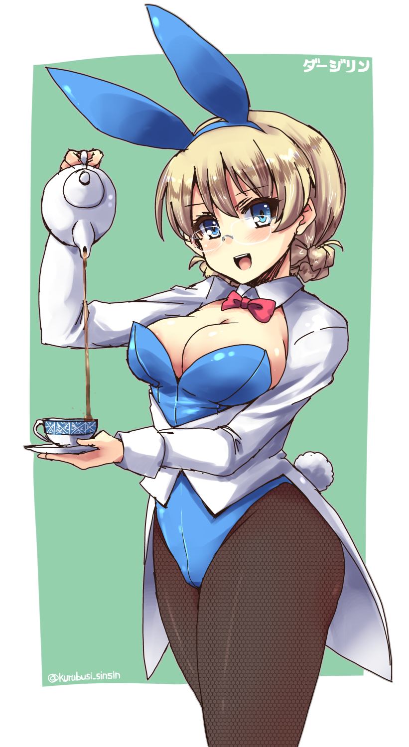1girl animal_ears bespectacled blonde_hair blue_eyes bow bowtie braid breasts bunny_tail bunnysuit cleavage cup darjeeling detached_collar fishnet_pantyhose fishnets girls_und_panzer glasses highres jacket large_breasts long_hair open_mouth pantyhose rabbit_ears shinshin smile solo standing tail teacup teapot wrist_cuffs
