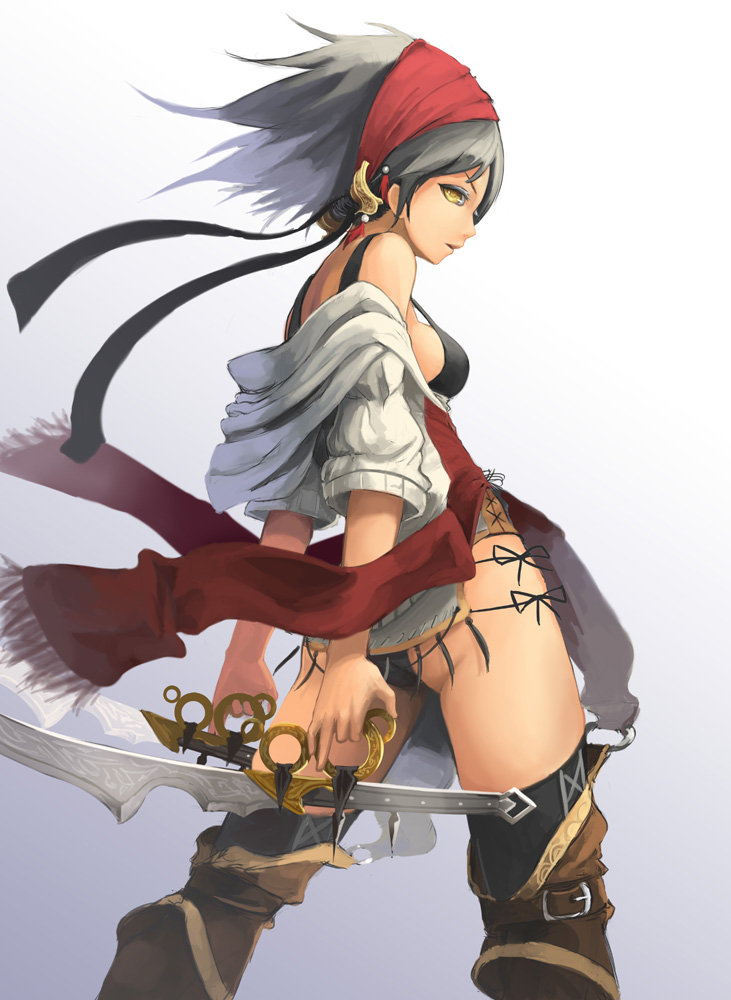 1girl akira0171 armor ass back bandana belt belt_boots black_hair black_legwear black_panties black_ribbon boots breasts brown_boots buckle colored_eyelashes copyright_request cross-laced_clothes dual_wielding fringe gradient gradient_background grey_background hair_ornament holding holding_sword holding_weapon off_shoulder panties parted_lips profile ribbon short_hair short_sleeves short_sword sideboob solo standing strap_gap string sword tassel thigh-highs underbust underwear weapon yellow_eyes