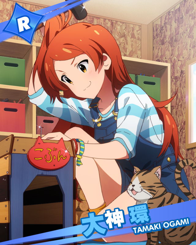 blush character_name dress idolmaster idolmaster_million_live! long_hair oogami_tamaki orange_hair overalls side_ponytail smile working yellow_eyes