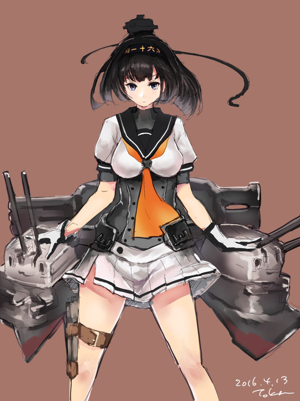 1girl 2016 akizuki_(kantai_collection) artist_name black_hair blue_eyes brown_background chou-10cm-hou-chan corset kantai_collection pleated_skirt short_hair simple_background skirt thigh_gap toka_(marchlizard) turret uniform