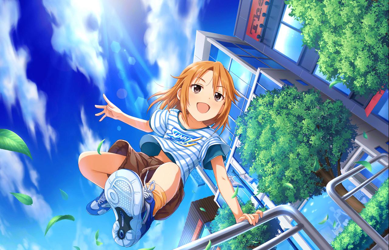 1girl artist_request brown_hair idolmaster idolmaster_cinderella_girls idolmaster_cinderella_girls_starlight_stage long_hair official_art shoes solo tennis_shoes violet_eyes yuuki_haru