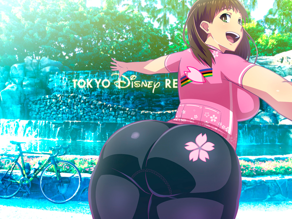 1girl ass bicycle breasts brown_hair huge_ass large_breasts long_hair looking_at_viewer original smile solo tetrodotoxin thick_thighs thighs