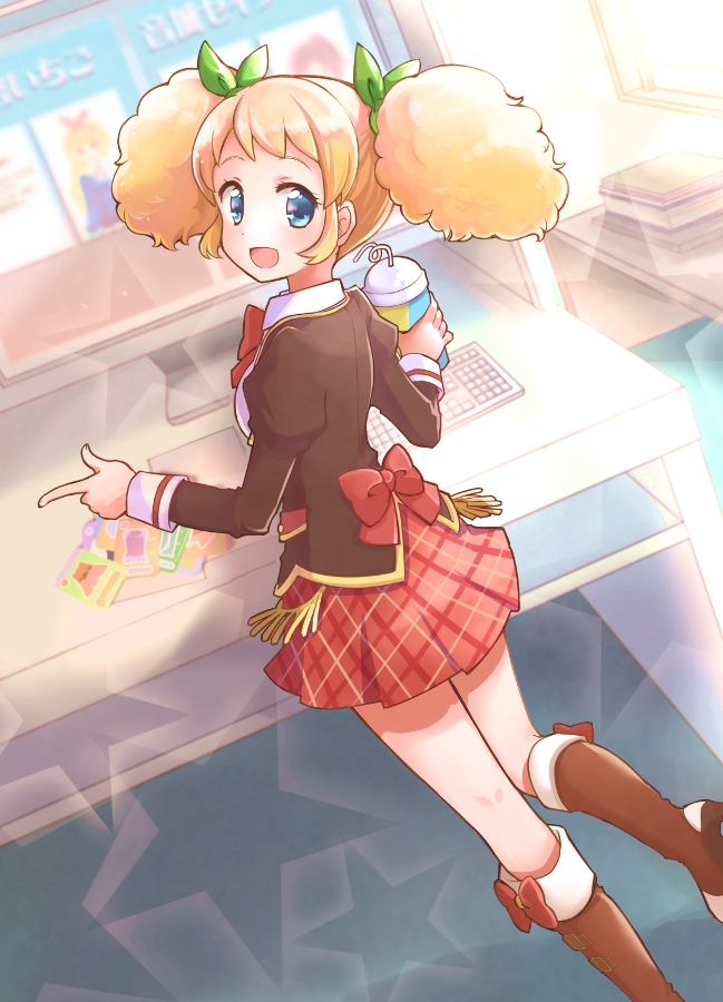 aikatsu! blonde_hair blush green_eyes long_hair saegusa_kii seifuku surprised twintails