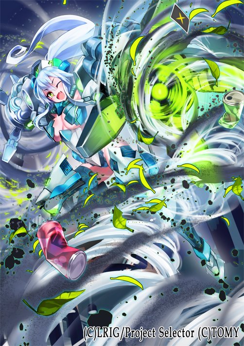 1girl ;d ario bangs breasts can character_request green_eyes hair_between_eyes large_breasts long_hair mecha_musume official_art one_eye_closed open_mouth ponytail sidelocks smile solo thigh-highs white_hair white_legwear wixoss zettai_ryouiki