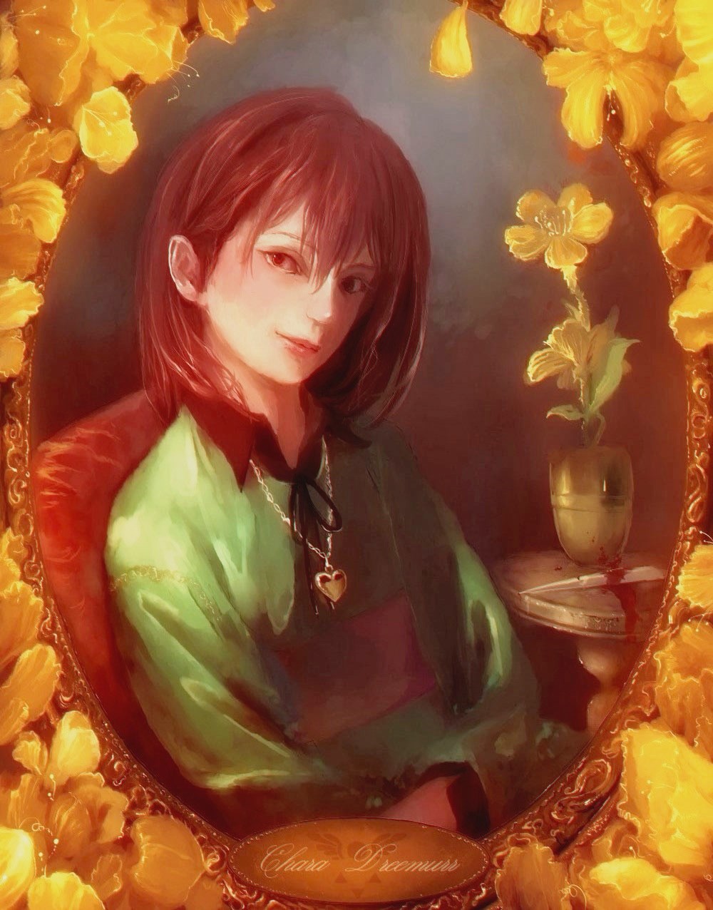 androgynous blood bloody_knife bossmonsterbani brown_hair chair chara_(undertale) character_name flower heart heart_necklace highres jewelry knife looking_at_viewer pendant portrait realistic red_eyes ribbon shirt spoilers striped striped_shirt undertale vase yellow_flower