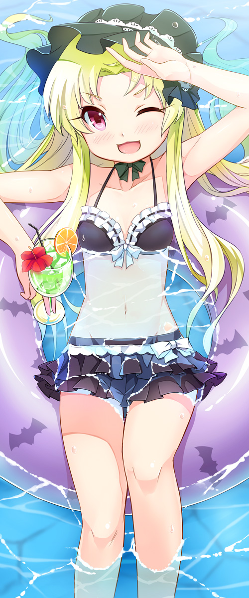 1girl bikini blonde_hair bonnet drink floating_hair hairband highres innertube kaitou_tenshi_twin_angel kouzu_shou lolita_hairband long_hair looking_at_viewer one_eye_closed salome_(twin_angel_3) small_breasts smile solo swimsuit violet_eyes