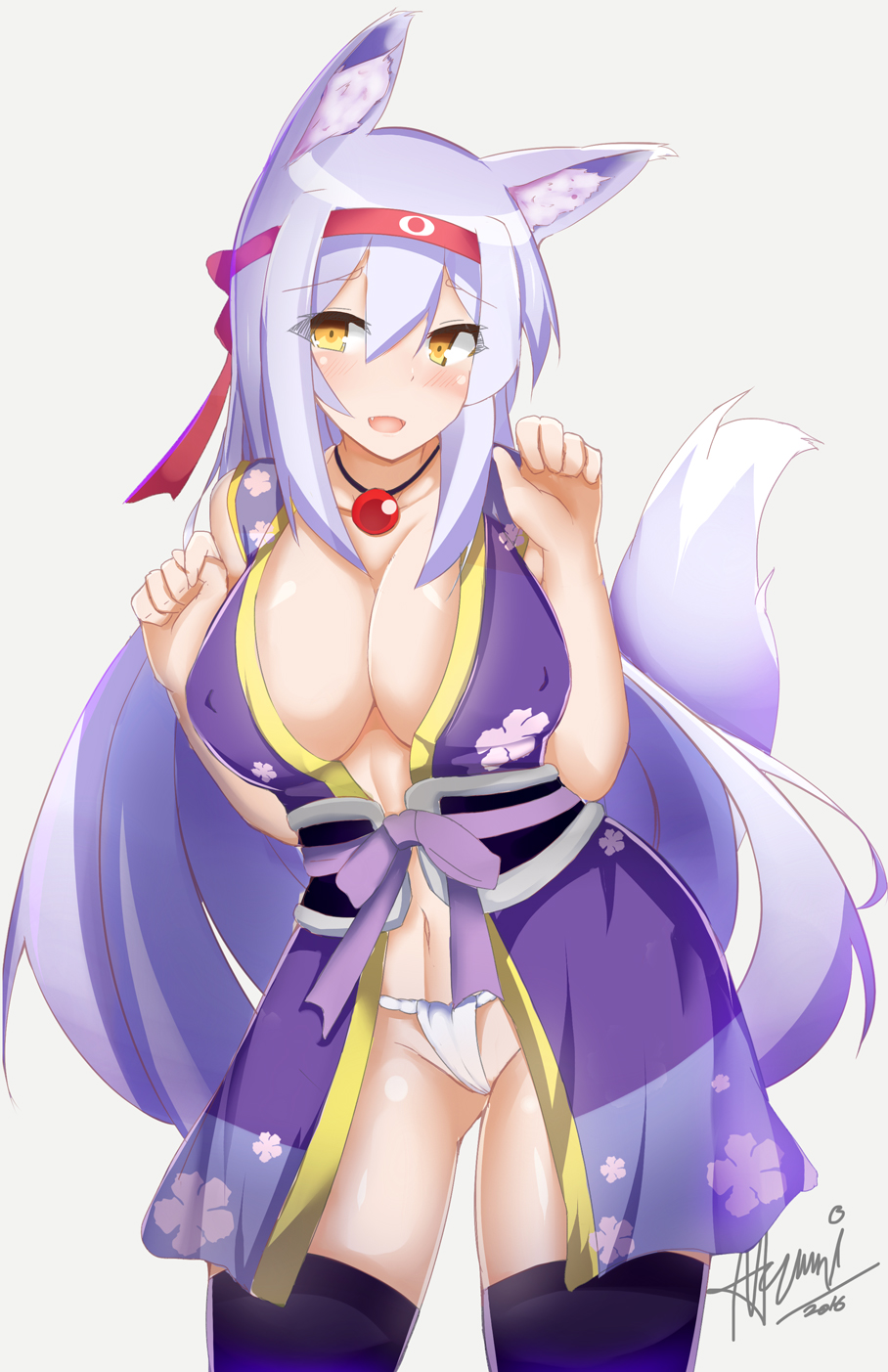 1girl animal_ears artist_name blue_hair blush breasts cleavage covered_nipples crossover dog_days fang fox_ears fox_tail fundoshi hairband highres japanese_clothes kantai_collection large_breasts long_hair myumi navel open_mouth shoukaku_(kantai_collection) solo tail thigh-highs very_long_hair yellow_eyes yukikaze_panettone