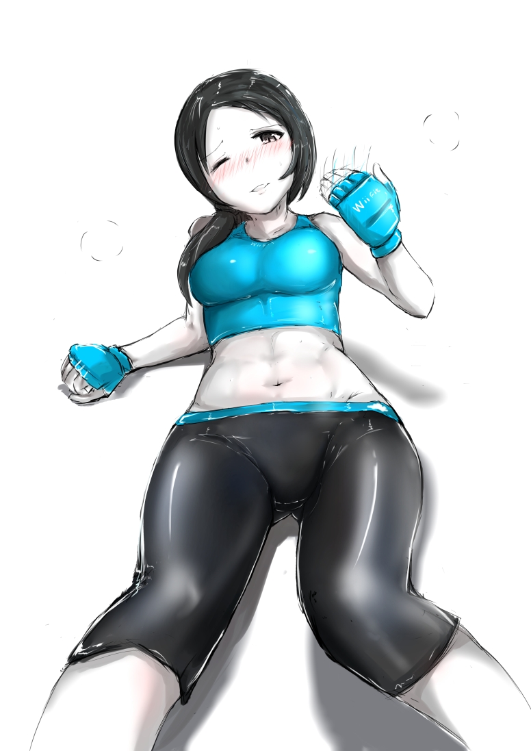 1girl abs beckoning black_hair blue_gloves blush breasts capri_pants clenched_hand come_hither crop_top fingerless_gloves gloves lying midriff navel nexas on_back one_eye_closed pants ponytail shadow shiny shiny_clothes solo super_smash_bros. tank_top white_skin wii_fit wii_fit_trainer