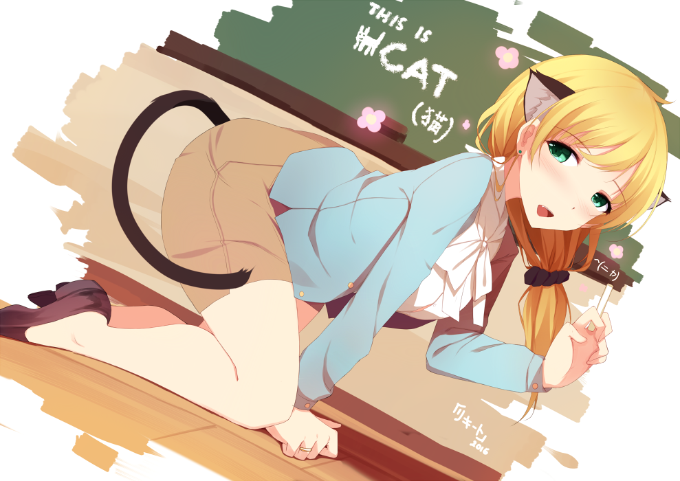1girl :d animal_ears bare_shoulders between_fingers blonde_hair blue_jacket blush bow bowtie brown_shoes brown_skirt buttons cat_ears cat_tail chalkboard drawing dutch_angle ear_studs earrings ellen_baker fang from_side full_body green_eyes hair_ornament hair_scrunchie holding jacket jewelry kemonomimi_mode loafers long_sleeves looking_at_viewer looking_to_the_side low_ponytail new_horizon open_clothes open_jacket open_mouth ring rizky_(strated) scrunchie shirt shoes skirt smile solo tail teacher text unbuttoned white_bow white_bowtie white_shirt