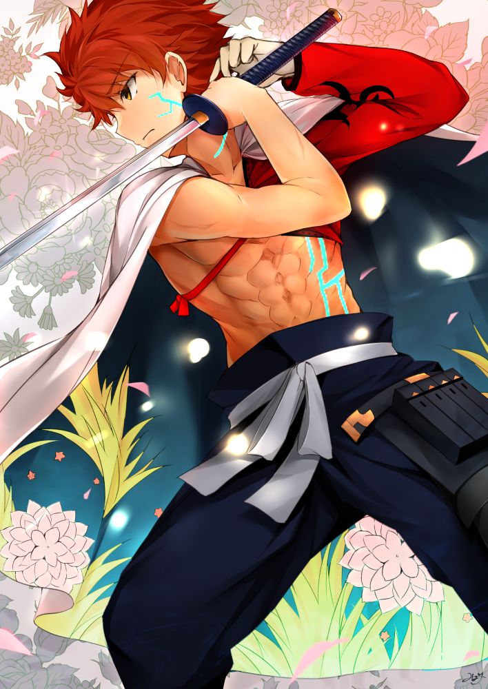 1boy abs cape cowboy_shot emiya_shirou fate/grand_order fate_(series) fighting_stance floral_background igote limited/zero_over looking_away male_focus messy_hair minari_(minari37) pants redhead solo sword tattoo weapon yellow_eyes