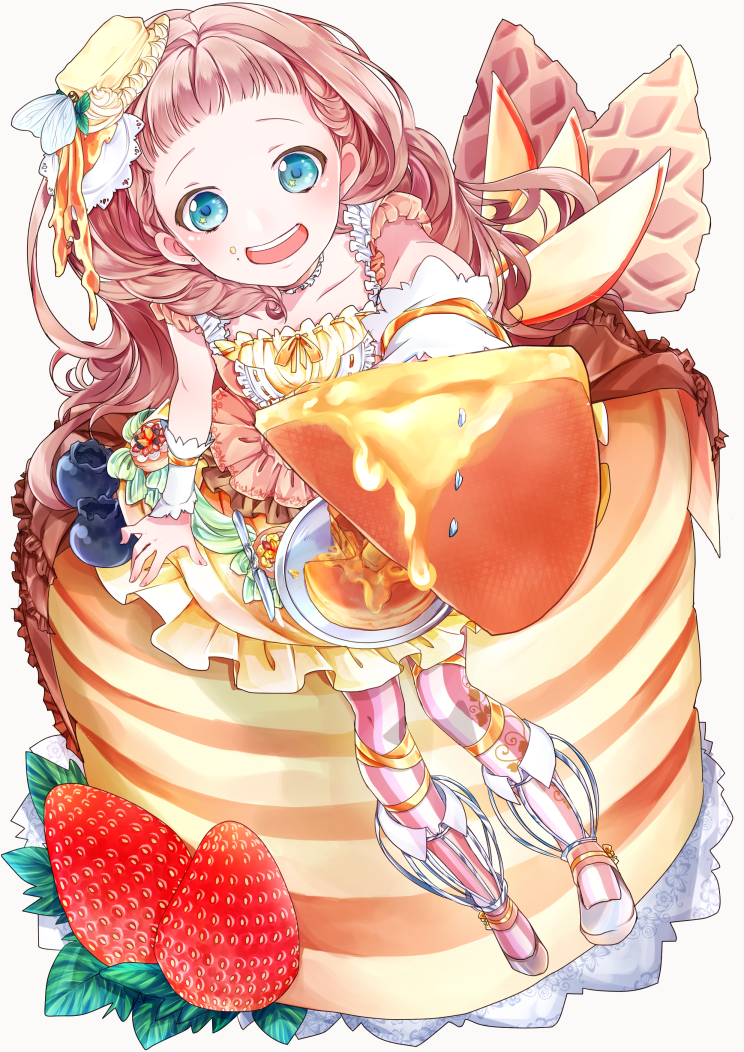 1girl apple_slice blue_eyes blueberry butter cream food food_as_clothes food_themed_clothes fork fruit honey knife looking_at_viewer original pancake personification sayvi short_bangs sitting tagme waffle