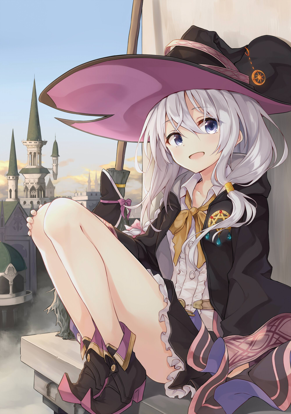 1girl azuuru_(azure0608) bare_legs blue_eyes blush broom building castle cloak clouds commentary_request fantasy hat highres long_hair looking_at_viewer messy_hair open_mouth original outdoors pointy_shoes shirt shoes silver_hair sitting skirt sky smile solo tower white_shirt witch witch_hat