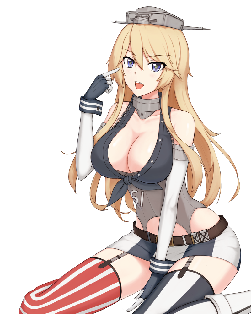 1girl belt blonde_hair blue_eyes breasts cleavage elbow_gloves fingerless_gloves front-tie_top garter_straps ghound gloves hat iowa_(kantai_collection) kantai_collection large_breasts long_hair looking_at_viewer miniskirt open_mouth pointing pointing_at_self sitting skindentation skirt solo star star-shaped_pupils striped striped_legwear symbol-shaped_pupils thigh-highs violet_eyes wariza