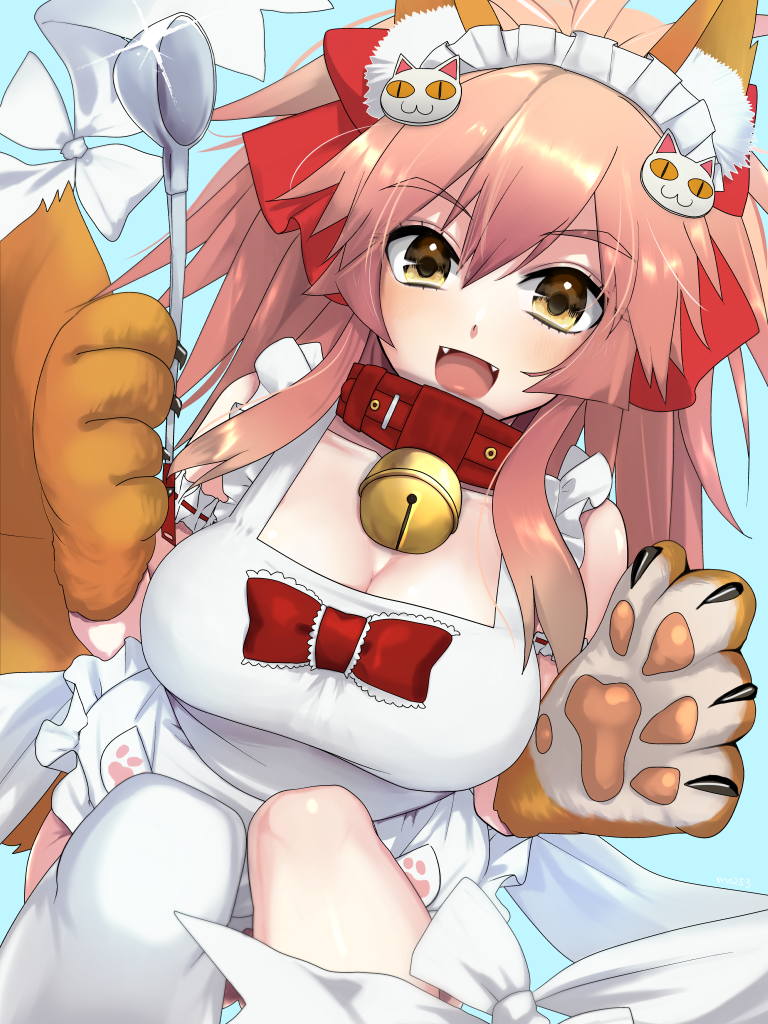 1girl animal_ears bell bell_collar breasts caster_(fate/extra) cleavage collar fangs fate/extra fate/grand_order fate_(series) fox_ears fox_tail hair_ribbon large_breasts long_hair looking_at_viewer mo253 open_mouth pink_hair ribbon solo tail tamamo_cat_(fate/grand_order) yellow_eyes