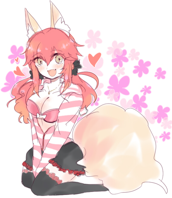 1girl animal_ears black_legwear bra breasts caster_(fate/extra) cleavage collarbone fang fate/extra fate_(series) fox_ears fox_tail hair_ribbon heart large_breasts looking_at_viewer open_mouth pink_bra pink_hair ribbon sitting solo sudaeda tail underwear yellow_eyes