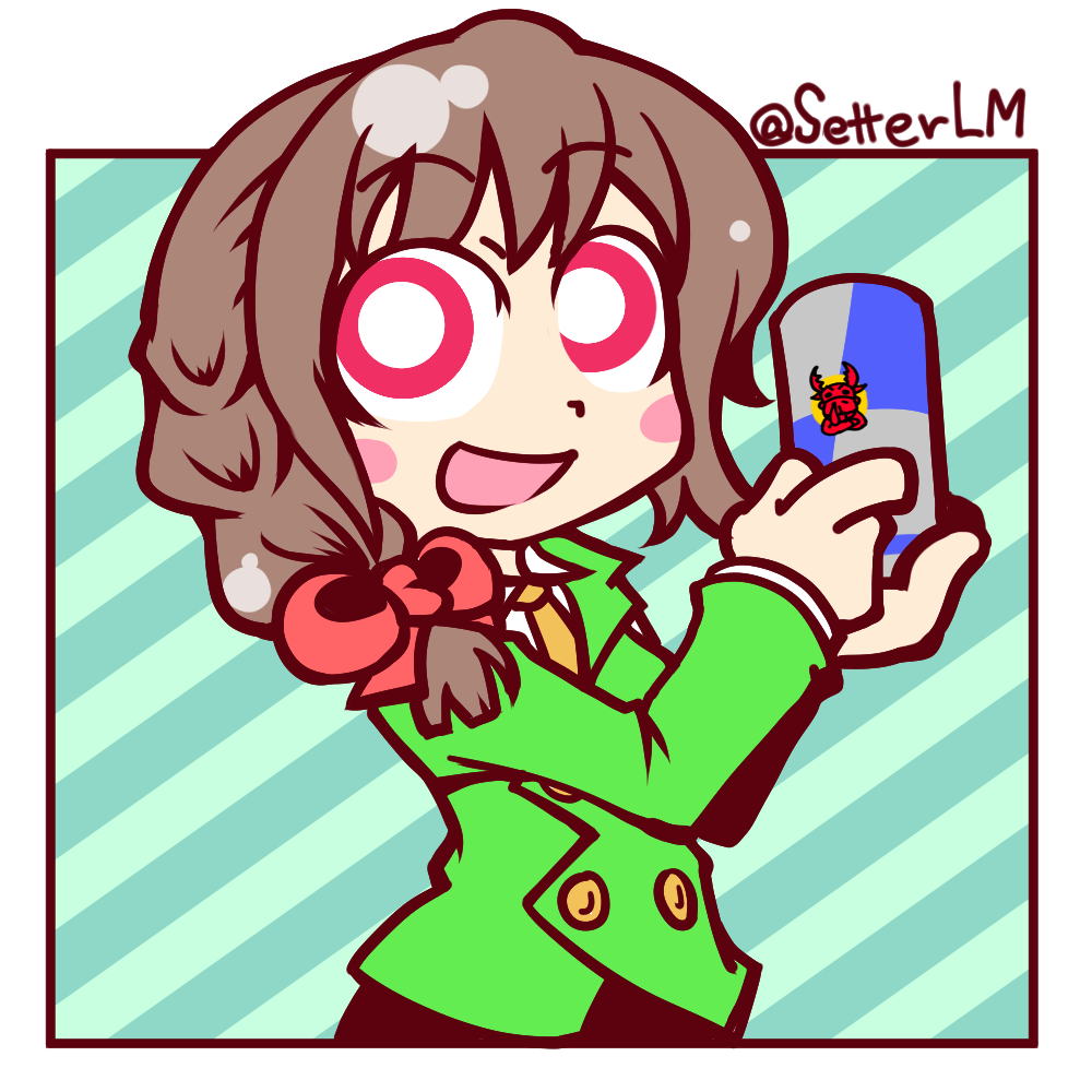 1girl :d blush_stickers bow braid brown_hair eyebrows eyebrows_visible_through_hair formal hair_bow holding_can idolmaster idolmaster_cinderella_girls open_mouth pink_eyes red_bull senkawa_chihiro setter_(seven_stars) single_braid smile solo suit twitter_username