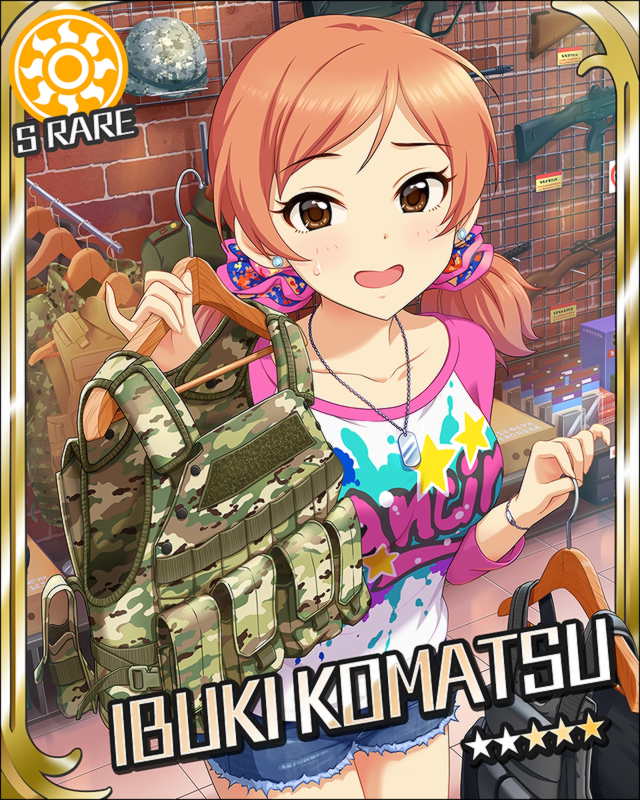 blush character_name dress gun idolmaster idolmaster_cinderella_girls komatsu_ibuki low_twintails orange_hair short_hair soldier stars twintails yellow_eyes