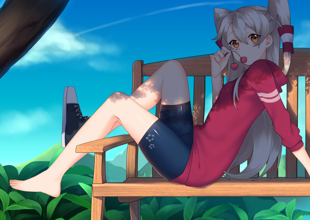 1girl alternate_costume amatsukaze_(kantai_collection) barefoot bench bike_shorts blue_sky brown_eyes casual cherry clouds food fruit hair_between_eyes hair_tubes holding holding_fruit kantai_collection lio_(rumei2265874644) long_hair long_sleeves looking_at_viewer mountain outdoors plant shoes silver_hair single_shoe sitting sky tennis_shoes two_side_up windsock