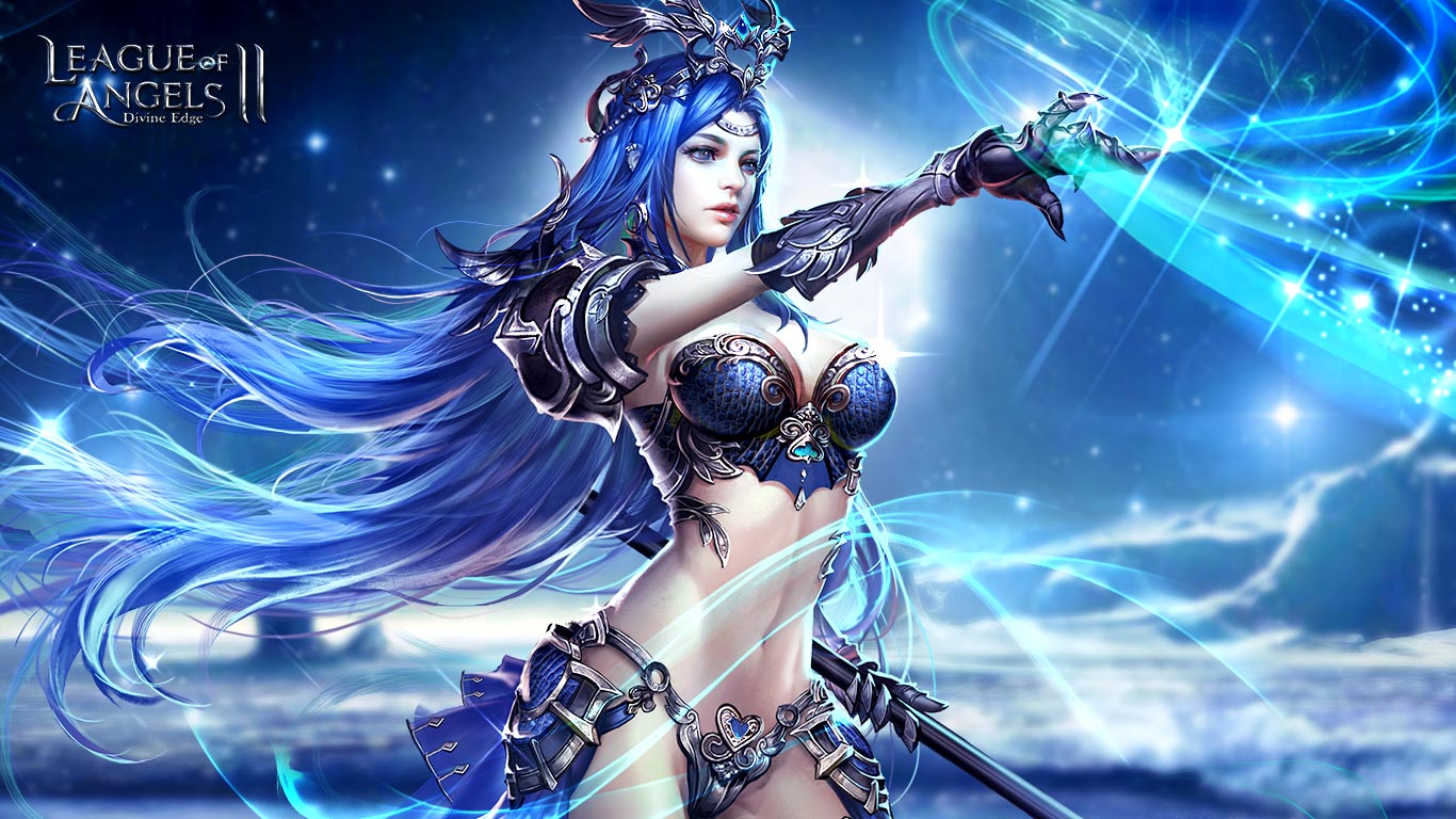 1girl armor artist_request bikini_armor blue_eyes blue_hair breasts bustier cleavage hair_ornament league_of_angels league_of_angels_ii long_hair midriff navel outstretched_arm staff very_long_hair