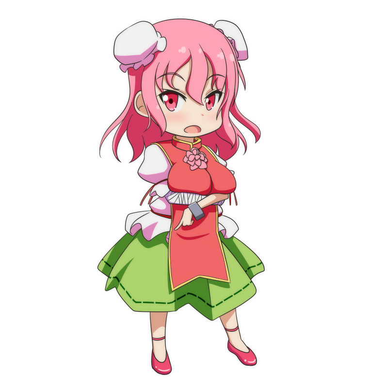 1girl :o bandaged_arm blush breast_lift breast_rest breasts bun_cover cato_(monocatienus) chibi chinese_clothes commentary crossed_arms cuffs double_bun flower ibaraki_kasen large_breasts looking_at_viewer manacles open_mouth pink_hair puffy_short_sleeves puffy_sleeves red_eyes rose shoes short_hair short_sleeves skirt solo tabard touhou tsurime