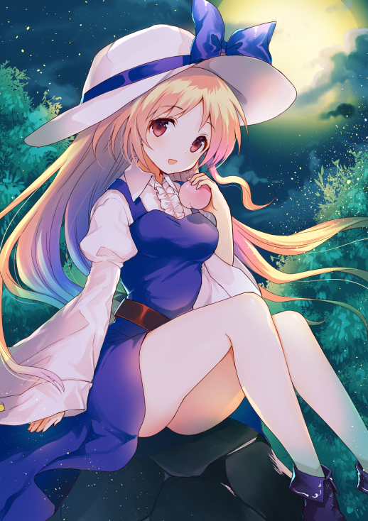 1girl :d blonde_hair blue_bow blue_dress blue_ribbon blush boots bow breasts collared_shirt dress food frilled_shirt frills fruit full_moon hat hayama_eishi holding holding_food holding_fruit juliet_sleeves long_sleeves moon night open_mouth outdoors peach puffy_sleeves red_eyes ribbon rock shirt sleeves_past_wrists smile solo star_(sky) sun_hat touhou tree watatsuki_no_toyohime white_shirt wide_sleeves wind