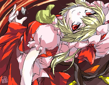 1girl blonde_hair coin dress flandre_scarlet from_above from_side hat looking_at_viewer looking_up lowres matsukura_nemu mob_cap mspaint oekaki red_dress red_eyes red_ribbon ribbon short_hair smile solo touhou wings yellow_ribbon