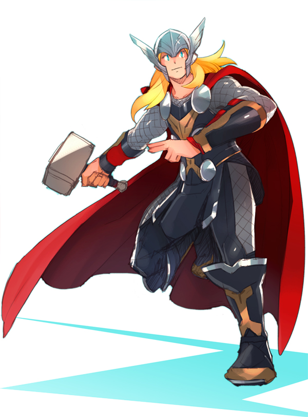 1boy armor blonde_hair blue_eyes cape helmet long_hair male_focus marvel mjolnir nikumeron solo thor_(marvel)