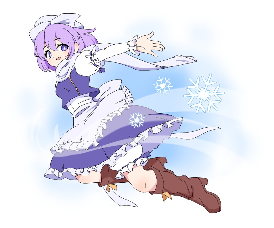 1girl apron blue_skirt boots ice lavender_eyes lavender_hair letty_whiterock long_sleeves maguro_(mawaru_sushi) puffy_sleeves scarf skirt solo touhou