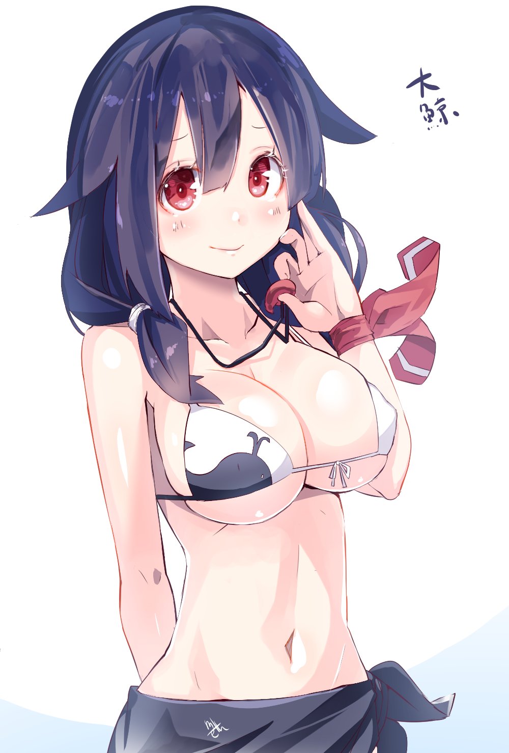 1girl bikini_top black_hair blush breasts cleavage front-tie_bikini front-tie_top groin highres jewelry kantai_collection large_breasts looking_at_viewer low_twintails magatama meth_(emethmeth) navel necklace pendant red_eyes sarashi sarong shiny shiny_skin sideboob simple_background skindentation smile solo taigei_(kantai_collection) twintails under_boob white_background