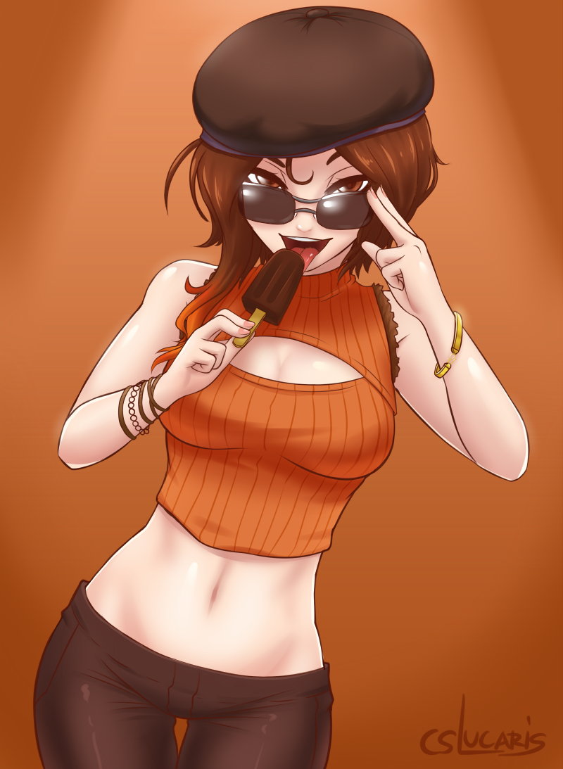 1girl adapted_costume adjusting_sunglasses bare_shoulders beret bracelet breasts brown_eyes brown_hair chocolate cleavage coco_adel cslucaris hat jewelry looking_at_viewer looking_over_glasses midriff navel open-chest_sweater orange_background pants popsicle rwby solo sunglasses sweater thigh_gap tongue