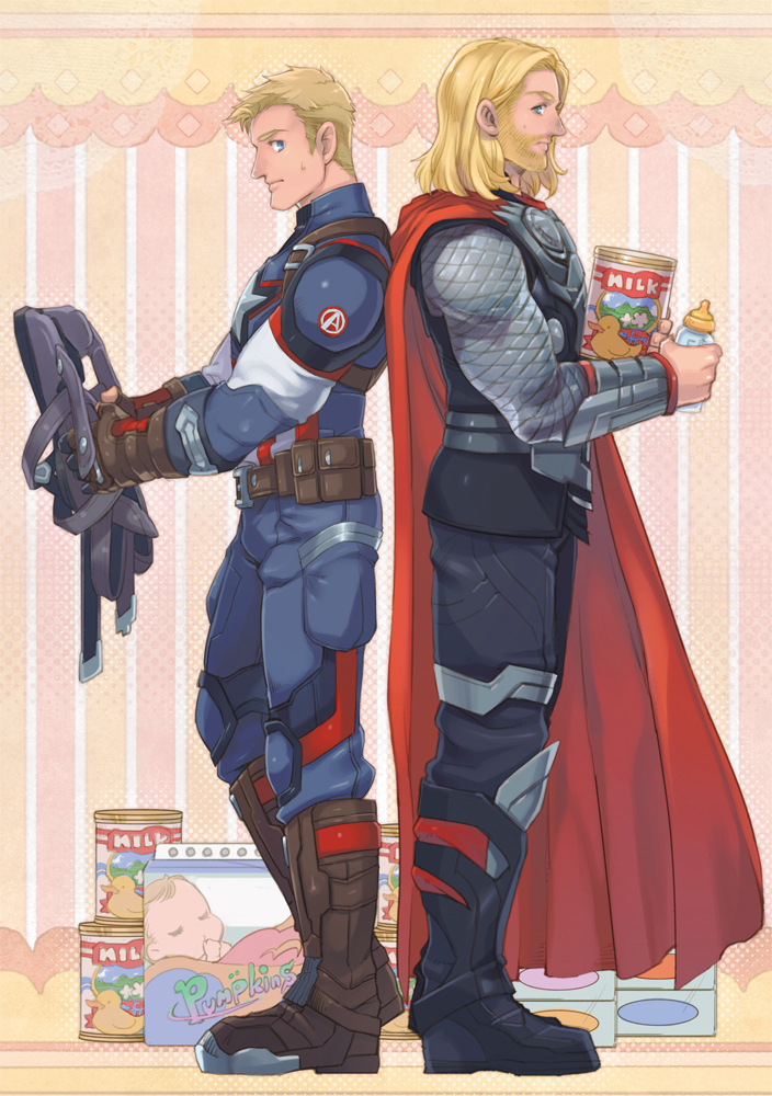 2boys avengers baby_bottle blonde_hair blue_eyes bottle cape captain_america long_hair male_focus marvel milk multiple_boys nikumeron steve_rogers superhero thor_(marvel)