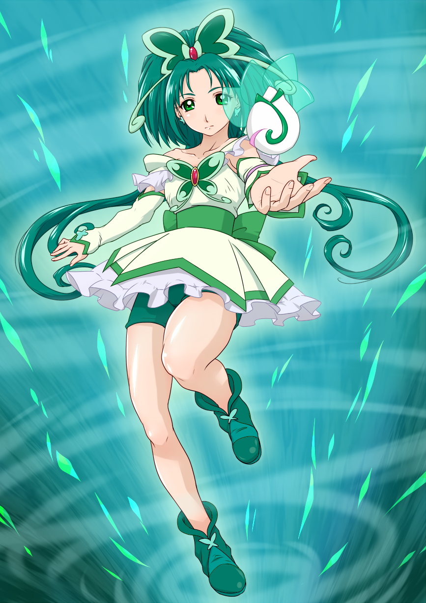 1girl akimoto_komachi arm_warmers bare_shoulders bike_shorts brooch butterfly_hair_ornament collarbone cure_mint dengeki_gx earrings expressionless frills full_body green_background green_eyes green_hair green_shoes hair_ornament highres jewelry long_hair magical_girl precure shoes shorts_under_skirt skirt solo standing_on_one_leg twintails white_skirt yes!_precure_5