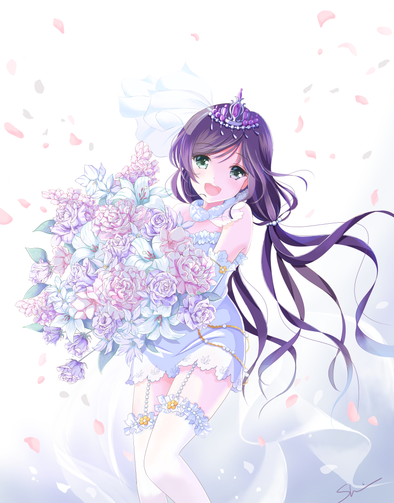 blush bouquet dress gloves green_eyes long_hair love_live!_school_idol_project low_twintails smile toujou_nozomi twintails veil violet_hair wedding