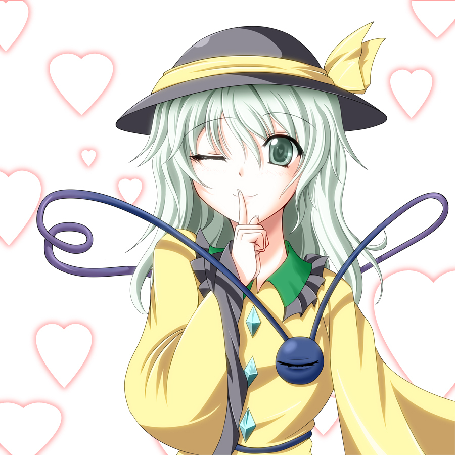 1girl commentary_request dress extra_eyes finger_to_mouth green_collar green_eyes green_hair hat hat_ribbon heart heart-shaped_pupils heart_background heart_of_string komeiji_koishi long_sleeves looking_at_viewer one_eye_closed ribbon smile solo suzuki_sakura symbol-shaped_pupils third_eye touhou wide_sleeves