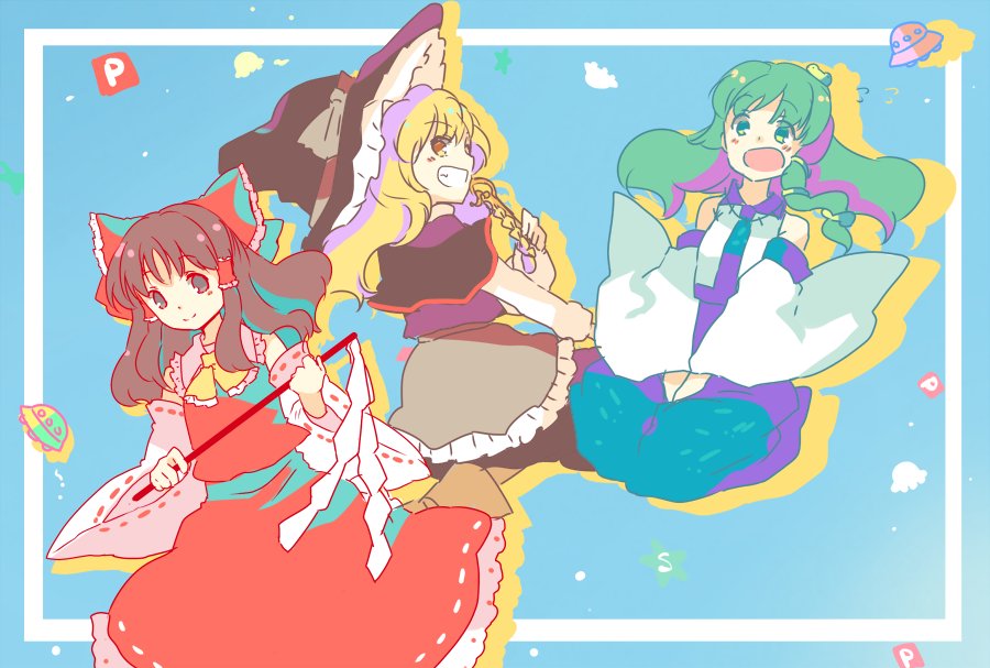 3girls ascot blonde_hair bow braid brown_hair detached_sleeves frilled_skirt frills frog_hair_ornament gohei green_eyes green_hair hair_bow hair_ornament hair_tubes hakurei_reimu hat hat_bow kirisame_marisa kochiya_sanae long_hair long_sleeves multiple_girls open_mouth power-up ribbon side_braid sketch skirt skirt_set smile snake_hair_ornament touhou toze_(emsleep15) ufo wide_sleeves witch_hat yellow_eyes