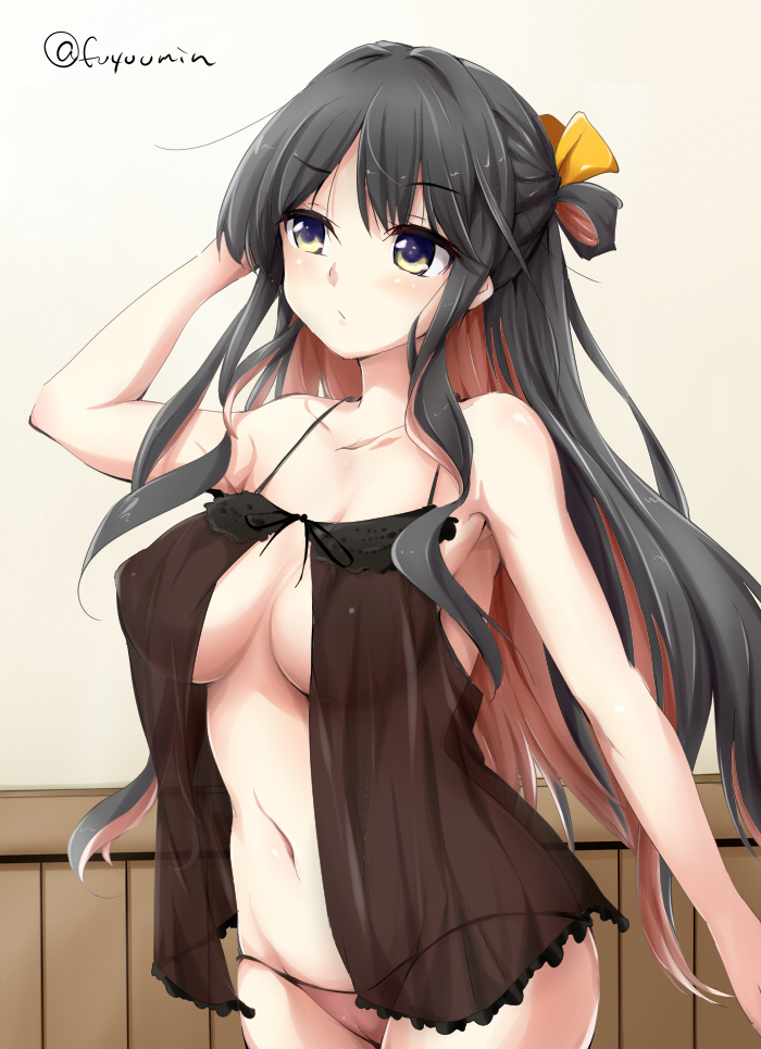 1girl :/ arm_up armpits artist_name babydoll bare_arms bare_shoulders black_hair blue_eyes blush breasts closed_mouth collarbone expressionless fuyu_mi groin hair_ribbon kantai_collection lingerie long_hair midriff multicolored_eyes multicolored_hair naganami_(kantai_collection) navel panties pink_hair pink_panties ribbon see-through side-tie_panties solo standing stomach two-tone_hair under_boob underwear underwear_only yellow_eyes yellow_ribbon