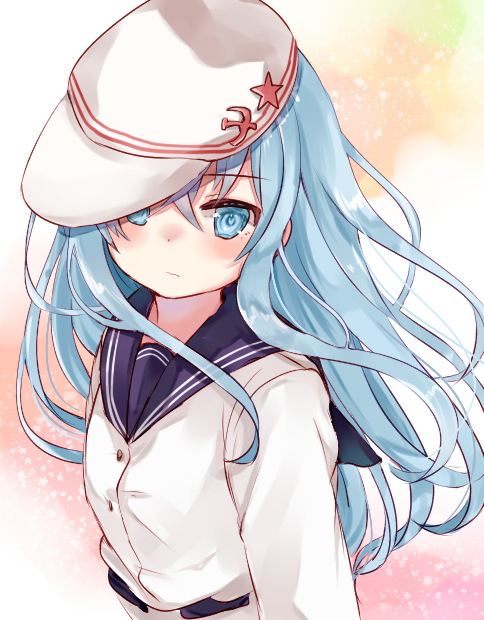 blue_eyes blue_hair blush cap kantai_collection long_hair personification uniform verniy_(kantai_collection)