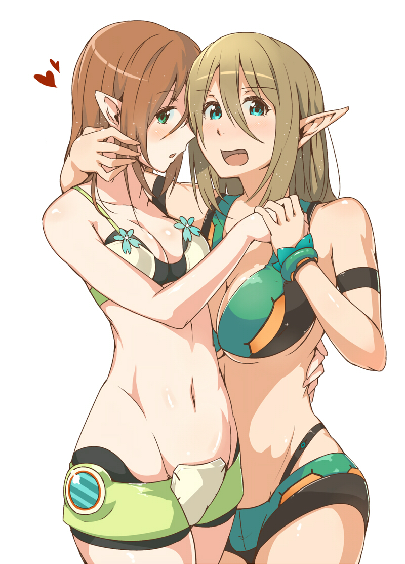 2girls aqua_eyes arm_around_neck armband blonde_hair blush bracelet breasts brown_hair cleavage cowboy_shot green_eyes groin heart holding_hands jewelry large_breasts looking_at_viewer midriff multiple_girls navel open_mouth patty_(pso2) phantasy_star phantasy_star_online_2 pointy_ears short_hair swimsuit tiea tokiwa_mmm white_background