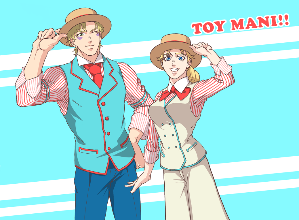 1boy 1girl aokomaiori armband blonde_hair blue_eyes bow bowtie caesar_anthonio_zeppeli collared_shirt green_eyes grin hand_on_hip hat hat_tip jojo_no_kimyou_na_bouken necktie one_eye_closed shirt sleeves_folded_up smile striped striped_shirt suzi_q vest