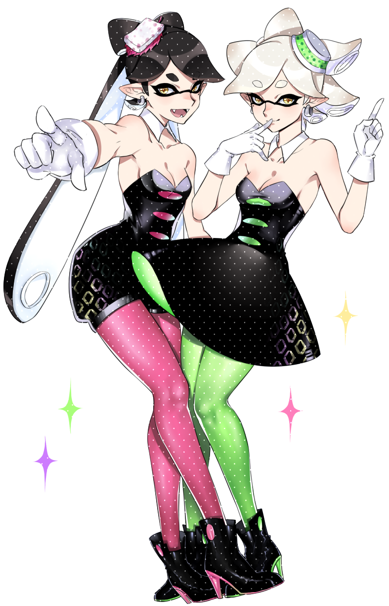 +_+ 2girls ankle_boots aori_(splatoon) black_boots black_dress black_hair boots cobracobbra detached_collar domino_mask dress earrings fangs food food_on_head full_body gloves green_legwear highres hotaru_(splatoon) jewelry long_hair looking_at_viewer mask mole mole_under_eye multiple_girls object_on_head open_mouth pantyhose pointing pointy_ears purple_legwear short_dress short_hair short_jumpsuit smile sparkle splatoon standing strapless strapless_dress tentacle_hair white_background white_gloves yellow_eyes